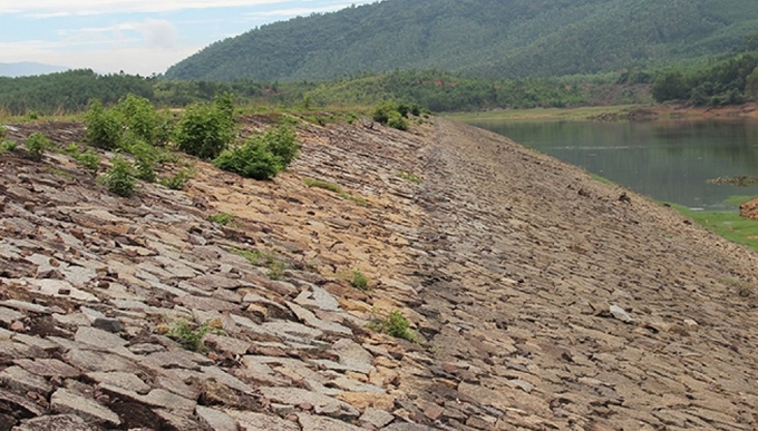 Hồ Cây Thích (huyện Tuy Phước, Bình Định) là một trong 23 hồ chứa đã hư hỏng, xuống cấp, mùa mưa lũ năm 2023 phải tích nước hạn chế. Ảnh: V.Đ.T.