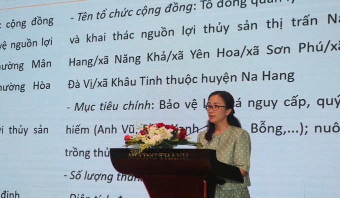 Bà Nguyễn Thị Thu Huyền, Điều phối viên quốc gia Chương trình UNDP/GEF SGP tại Việt Nam chia sẻ thực tế triển khai mô hình đồng quản lý bảo vệ nguồn lợi thủy sản. Ảnh: KS.