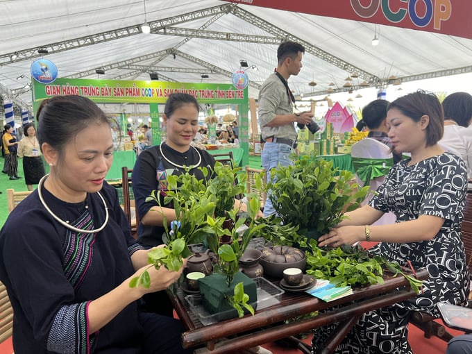 Gian hàng trưng bày trà Thái Nguyên tại sự kiện Festival tôm và Diễn đàn kết nối sản phẩm OCOP vùng ĐBSCL diễn ra tại Cà Mau. Ảnh: Trọng Linh.