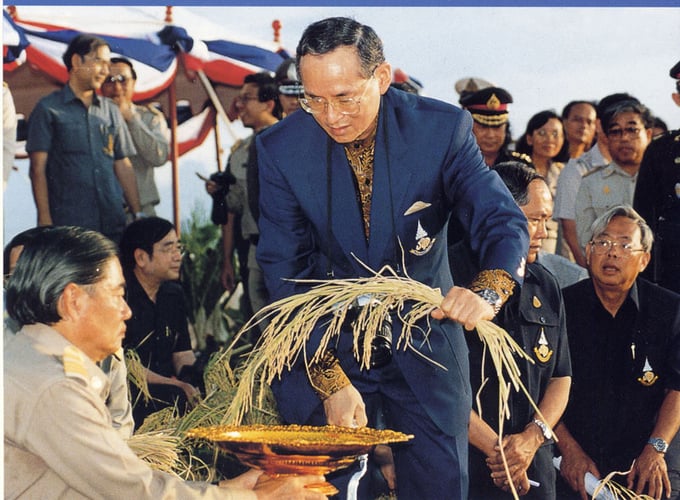 Hình ảnh nhà vua cúi người gặt lúa đã trở thành biểu tượng của nền nông nghiệp Thái Lan.