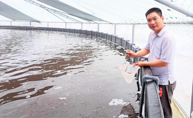Anh Khánh bén duyên với công nghệ nuôi tôm khép kín trong nhà màng từ năm 2022. Ảnh: Thanh Nga.
