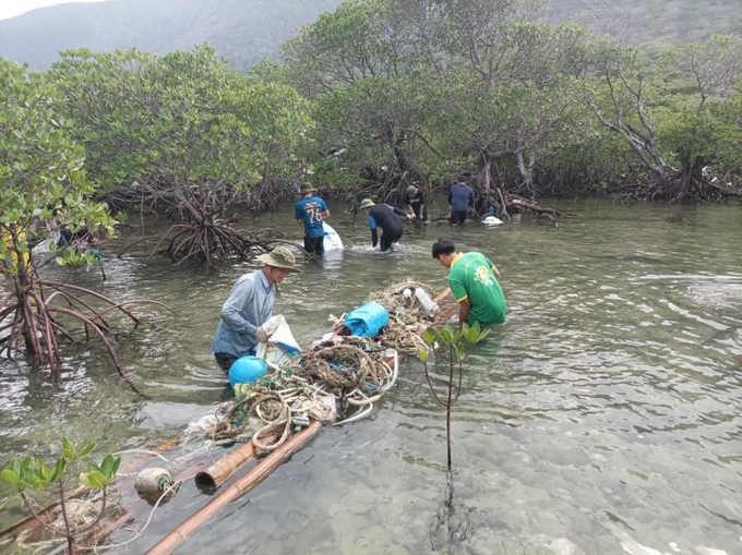 Lực lượng tình nguyện viên thu gom rác trong rừng ngập mặn tại bãi Bờ Đập thuộc hòn Bảy Cạnh. Ảnh: CDNP.