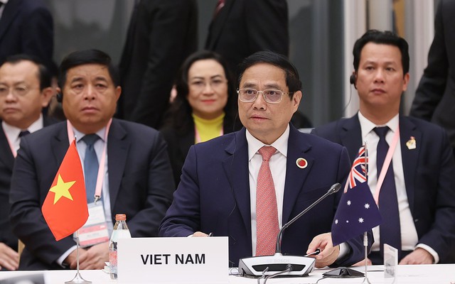 Thủ tướng Phạm Minh Chính: 'Chung ý chí, quyết tâm cao và hành động quyết liệt hướng tới một châu Á phát triển phát thải ròng bằng 0'. Ảnh: VGP/Nhật Bắc.