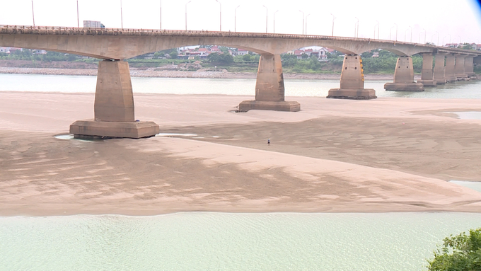 Nước sông Hồng cạn kiệt đến mức trơ cả chân cầu, lộ ra những bãi cát lớn. Ảnh: Quang Dũng.