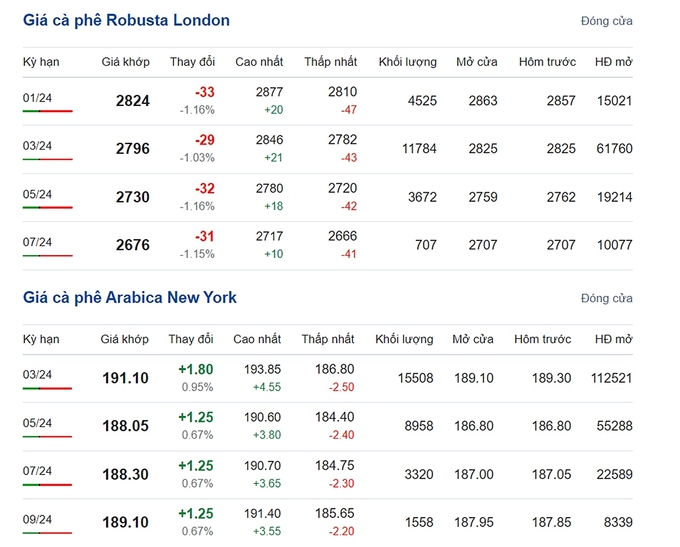 Giá Arabica và Robusta mới nhất ngày 19/12/2023