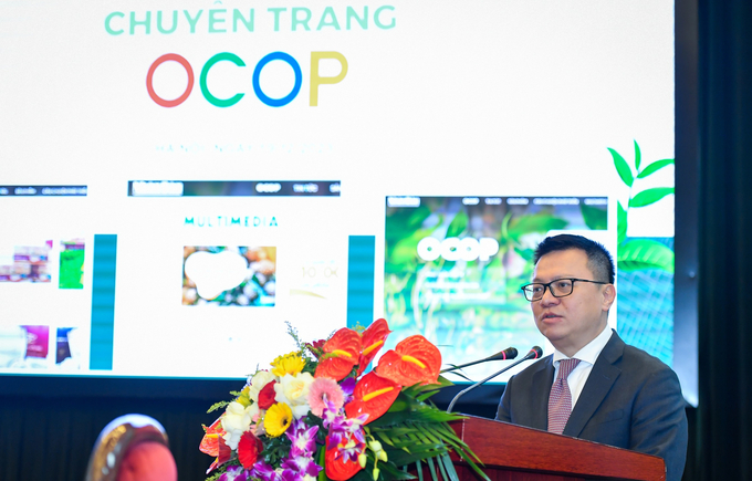 Ông Lê Quốc Minh, Ủy viên Trung ương Đảng, Tổng Biên tập Báo Nhân Dân phát biểu tại Lễ ra mắt Chuyên trang OCOP.