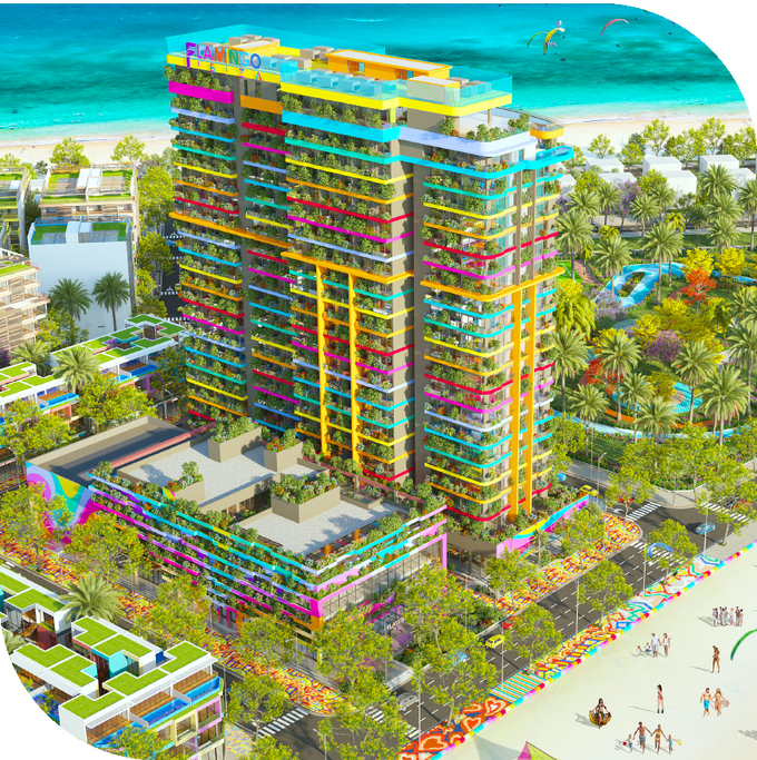 Tòa tháp Ibiza Party Resort là tâm điểm của quần thể du lịch biển sôi động nhất miền Bắc. Ảnh: Flamingo Holdings.