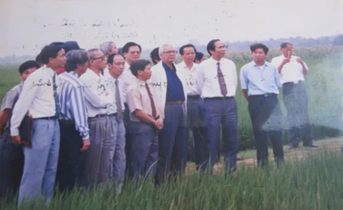 Cố Thủ tướng Võ Văn Kiệt (áo xanh, áo khoác trắng) trong một lần thăm mô hình sản xuất lúa của nông dân.