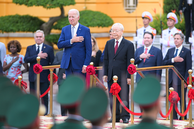 Tổng Bí thư Nguyễn Phú Trọng chủ trì lễ đón Tổng thống Hoa Kỳ Joe Biden ngày 10/9. Ảnh: Tùng Đinh.