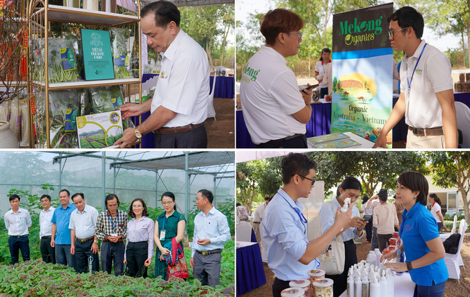 Lãnh đạo tỉnh Bình Phước, lãnh đạo Huyện Hớn Quản và các học viên tham quan các gian hàng trưng bày tại lễ khai mạc. Ảnh: Nguyễn Thủy.