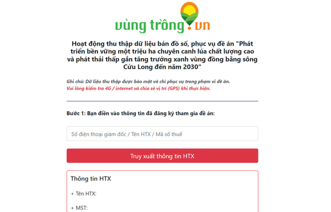 https://toado.vungtrong.com là địa chỉ chính thức để các HTX cập nhật thông tin phục vụ xây dựng bộ dữ liệu cho Đề án 1 triệu ha lúa chất lượng cao. Ảnh: Kim Anh.