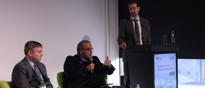 FAO Chief Economist, Máximo Torero (center), speaks at the Global Forum for Food and Agriculture (GFFA) 2024.