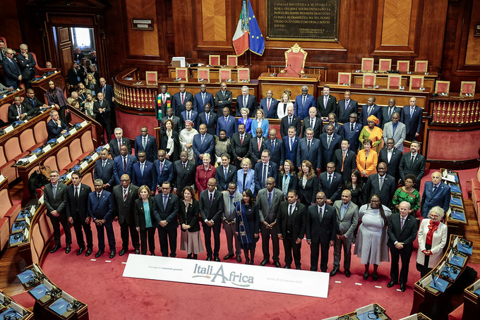 FAO Director-General QU Dongyu takes part in the family photo of the summit: 'Italy-Africa: A bridge of common growth' at the Italian Senate.