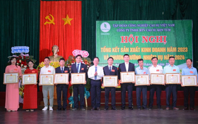 Lãnh đạo Tập đoàn Công nghiệp Cao su Việt Nam trao bằng khen cho các cá nhân có thành tích xuất sắc. Ảnh: Văn Vĩnh.