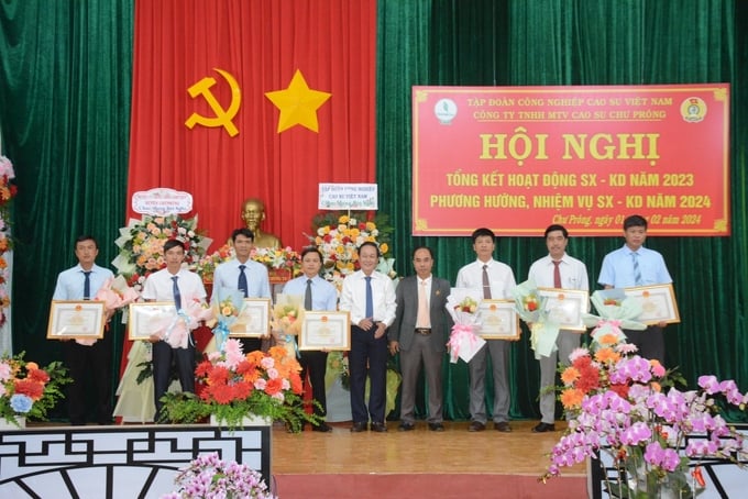 Lãnh đạo Tập đoàn Công nghiệp Cao su Việt Nam tặng Bằng khen cho các cá nhân có thành tích xuất sắc. Ảnh: V.V.