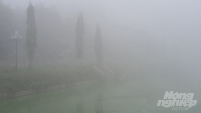 Sương bao trùm hồ Mai Dịch đến mức không nhìn rõ những hàng cây.