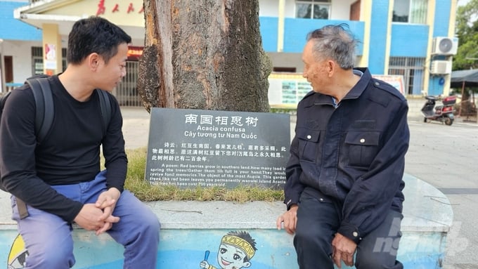 Phóng viên Báo Nông nghiệp Việt Nam cùng ông Cung Tiến Hưng chụp ảnh bên Cây tương tư Nam Quốc. Ảnh: Vũ Cường.