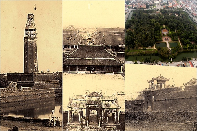Thành Sơn Tây, từ trái qua, trên xuống: Vọng lâu (ngày nay là cột cờ) và hồ nước, ảnh chụp năm 1883; Kiến trúc chính bên trong, nhìn từ trên cột cờ; thành Sơn Tây chụp từ trên cao ngày nay; Cửa Tả tháng 4/1884.