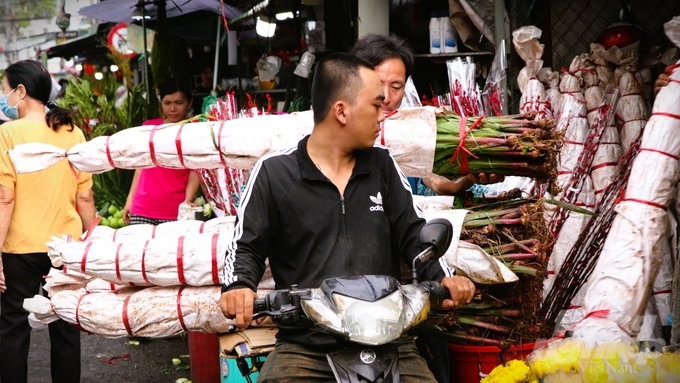 Hoa liên tục được nhân viên vận chuyển vào các sạp hàng. Không khí mua bán khẩn trương, nhộn nhịp. Ảnh: Trần Phi.