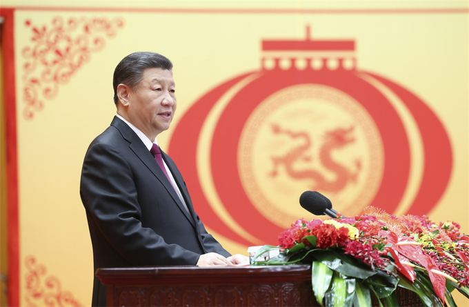 Chủ tịch Trung Quốc Tập Cận Bình phát biểu chúc Tết Nguyên đán tại Đại lễ đường Nhân dân ở Bắc Kinh, thủ đô của Trung Quốc. Ảnh: Tân Hoa Xã.
