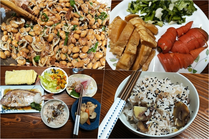 Những bữa ăn của người Nhật Bản thường được chia theo khẩu phần. Trong ảnh, phía cao bên trái là đậu nành natto lên men, phía cao bên phải là rau củ muối, ngay phía dưới là bát cơm độn hạt dẻ. Ảnh: Tùng Đinh.