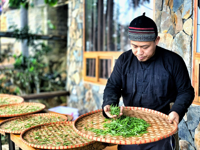 Đào Đức Hiếu đang kiểm tra việc phơi trà. Ảnh: Nhân vật cung cấp.