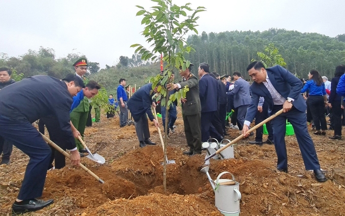 Thứ trưởng Nguyễn Quốc Trị (phải) trồng cây tại Lễ phát động Tết trồng cây ngày 15/2, trên địa bàn tỉnh Tuyên Quang. Ảnh: Đào Thanh.