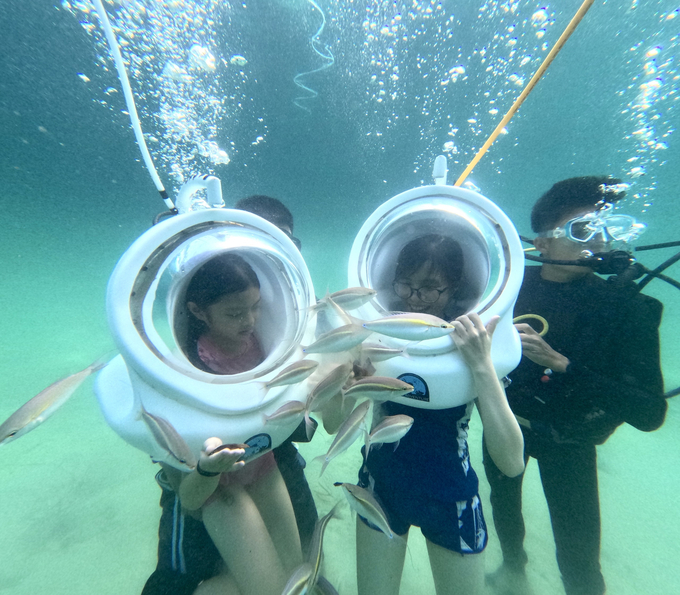 Du khách trải nghiệm dịch vụ lặn biển tại huyện đảo Cô Tô. 