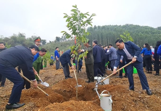 Thứ trưởng Nguyễn Quốc Trị (phải) trồng cây tại lễ phát động Tết trồng cây 2024. 
