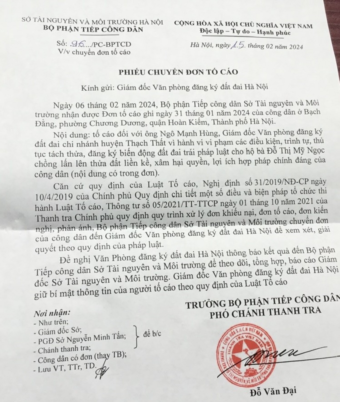Văn bản của Sở TN-MT TP Hà Nội về việc chuyển nội dung đơn tố cáo của ông Toàn đến Văn phòng ĐKĐĐ Hà Nội tiếp nhận, xử lý theo thẩm quyền.