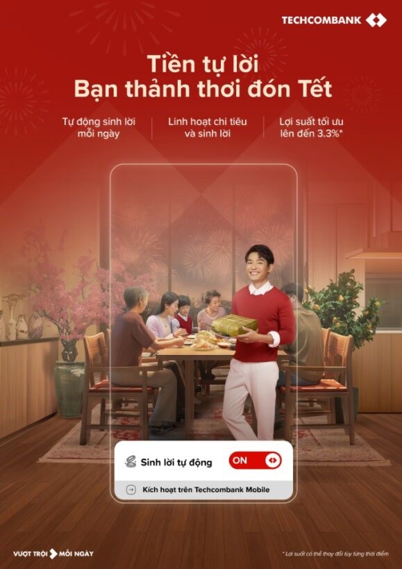 Tính năng sinh lời tự động, Techcombank trở thành ngân hàng tiên phong trong việc đưa ra giải pháp tối ưu, giúp tiền nhàn rỗi của khách hàng tự động sinh lời theo ngày. Ảnh: Techcombank.