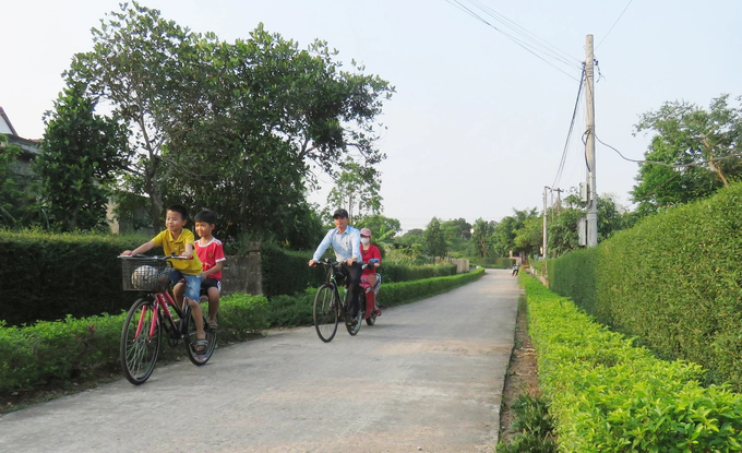 Một tuyến đường có hàng rào xanh và cây cảnh hai bên ở thôn Xuân Lai. Ảnh: T. Đức.