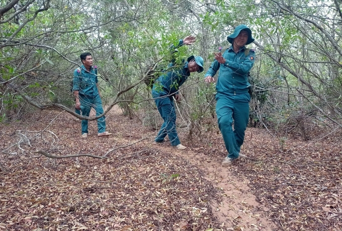 Lực lượng của Ban Quản lý rừng phòng hộ Lê Hồng Phong liên tục tuần tra vào mùa khô. Ảnh: KS.