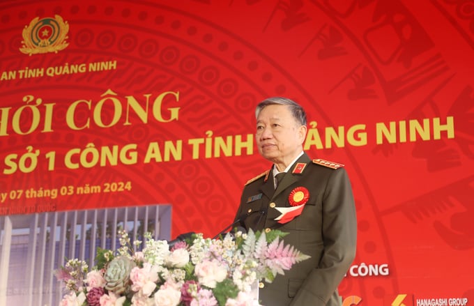 Đại tướng Tô Lâm, Ủy viên Bộ Chính trị, Bí thư Đảng ủy Công an Trung ương, Bộ trưởng Bộ Công an, phát biểu tại lễ khởi công.