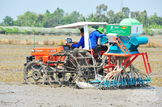 Model of applying mechanization in sowing with a row seeder. Photo: Le Hoang Vu.