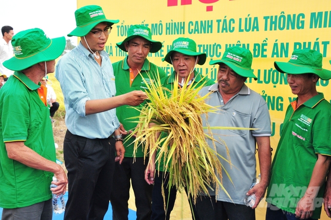 Mô hình canh tác lúa thông minh áp dụng các biện pháp kỹ thuật và sử dụng sản phẩm, dịch vụ đầu vào của 4 doanh nghiệp đồng hành, giúp giảm chi phí, tăng chất lượng và tăng lợi nhuận cho nhà nông. Ảnh: Hoàng Vũ.