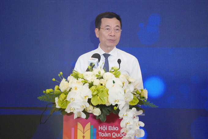 Bộ trưởng Bộ Thông tin và Truyền thông Nguyễn Mạnh Hùng phát biểu. Ảnh: Nguyễn Thủy.