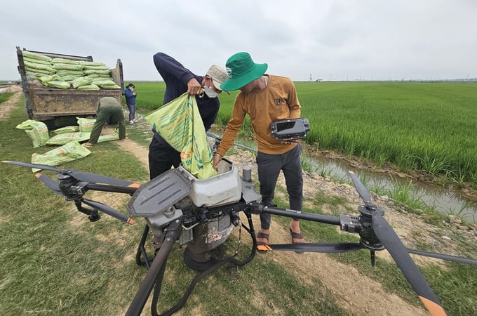 Phân bón hữu cơ vi sinh Sông Gianh được đưa vào bón bằng thiết bị bay tại mô hình sản xuất lúa theo hướng hữu cơ tại huyện Lệ Thuỷ. Ảnh: T. Đức.
