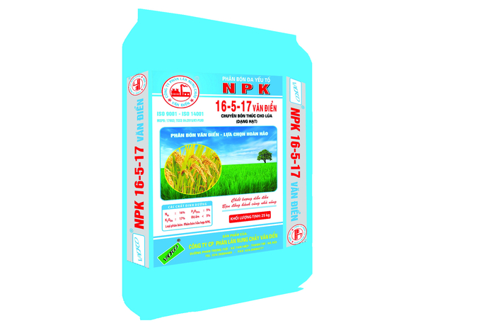 Sản phẩm phân bón đa yếu tố NPK 16-5-17 Văn Điển chuyên bón thúc cho lúa dạng hạt.