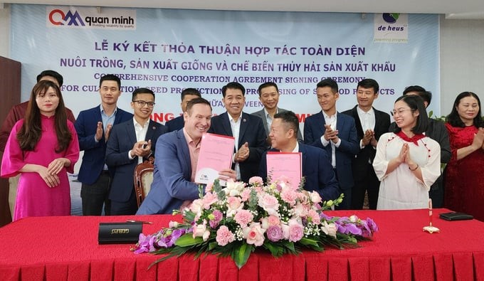 Representatives of the two businesses signed a comprehensive cooperation agreement on the cultivation, seed production, and processing of seafood products. Photo: Cuong Vu.
