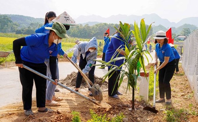 Người dân xã Kim Phượng tích cực tham gia trồng cây xanh dọc các tuyến đường liên xã, liên xóm.