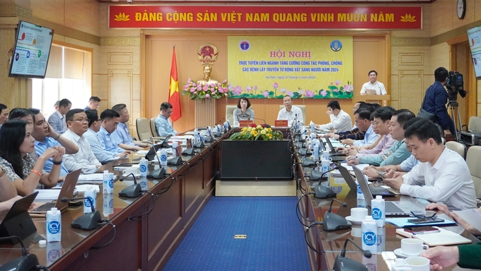 'Hội nghị trực tuyến liên ngành tăng cường công tác phòng, chống các bệnh lây truyền từ động vật sang người năm 2024' diễn ra sáng 27/3 tại Hà Nội. Ảnh: Hồng Thắm.