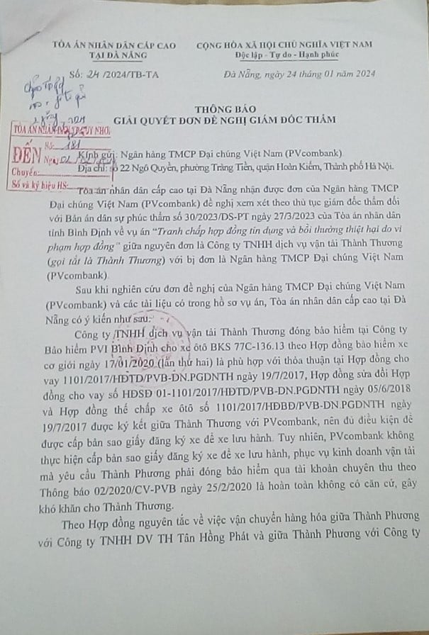 Thông báo số 24/2024/TB-TA ngày 24/1/2024 của TAND) cấp cao tại Đà Nẵng khẳng định PVcomBank không có căn cứ để kháng nghị theo thủ tục giám đốc thẩm. Ảnh: TL.