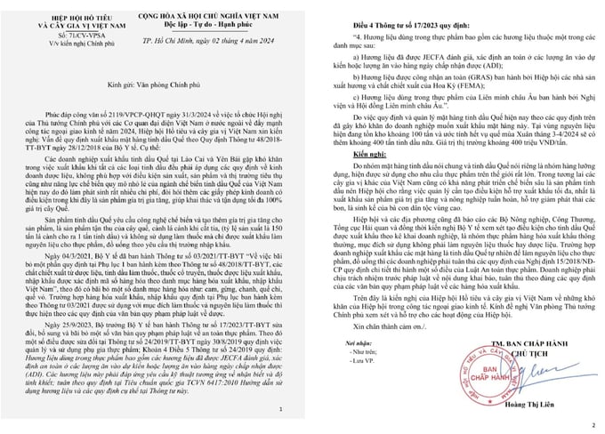 Văn bản của Hiệp hội Hồ tiêu và Cây gia vị Việt Nam gửi Văn phòng Chính phủ kiến nghị tháo gỡ các vướng mắc trong quy định xuất khẩu mặt hàng tinh dầu quế. Ảnh: Trung Quân.