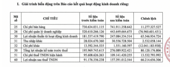 Giải trình biến động trên Báo cáo tài chính riêng năm 2023.