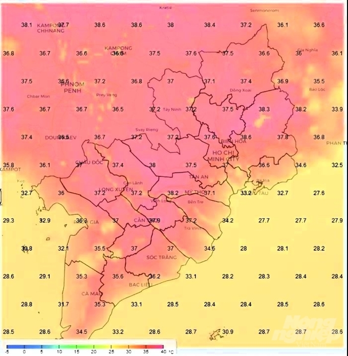 Dự báo tình hình nắng nóng tại các tỉnh, thành Nam bộ trong ngày 8 và 9/4. Nguồn: Đài Khí tượng Thủy văn khu vực Nam bộ.