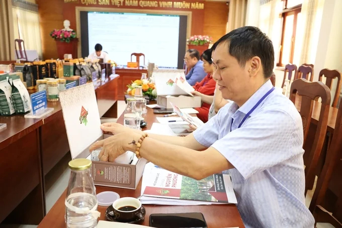 Members of the OCOP Council of Dak Lak province evaluate the premium Dak Lak Macadamia Nut product of Damaca Nguyen Phuong Joint Stock Company. Photo: Quang Yen.