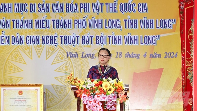 Phó Chủ tịch UBND tỉnh Vĩnh Long cho biết di sản văn hóa phi vật thể quốc gia trở thành động lực và nguồn lực quan trọng để phát triển kinh tế - xã hội để phát triển tỉnh nhà. Ảnh: Bá Dũng.