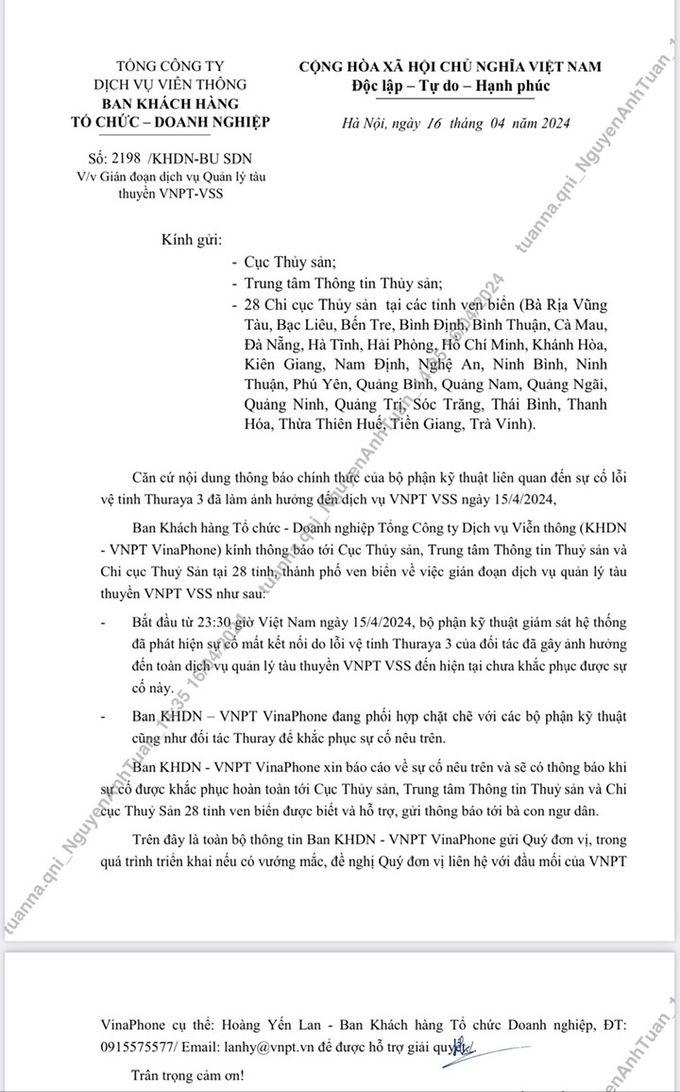 Thông báo của VNPT về sự cố gián đoạn dịch vụ quản lý tàu thuyền VNPT-VSS. Ảnh: V.Đ.T.