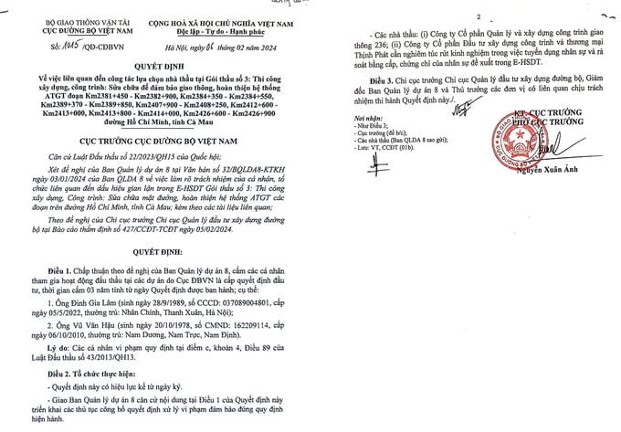 Cục Đường bộ Việt Nam cấm thầu đối với nhân sự được đề xuất làm Chỉ Huy trưởng của Công ty Thịnh Phát khi tham gia dự thầu.